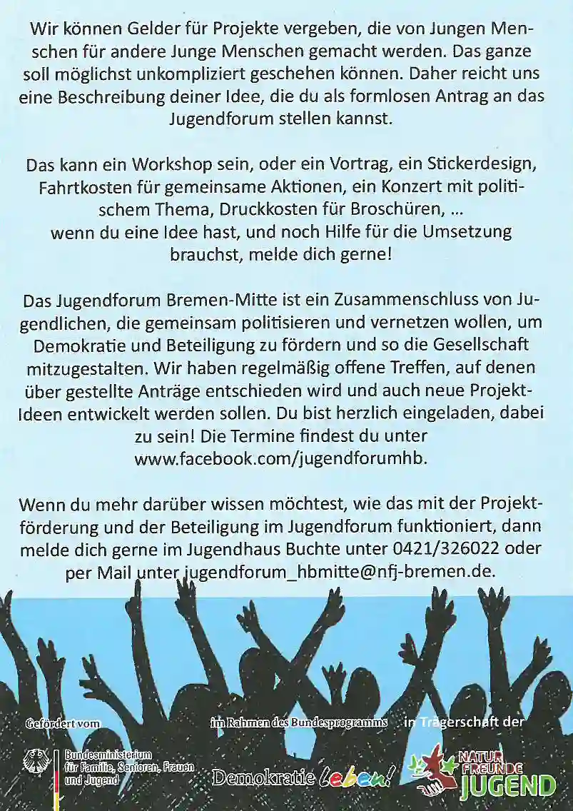 R&uuml;ckseite des Flsyers mit den n&uuml;tzlichen Informationen zum Jugendforum